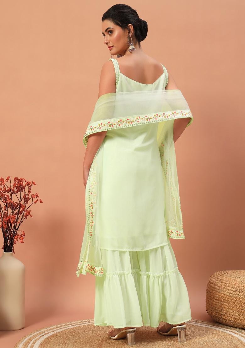 Pista Green Embroidered Georgette Shararra Set With Dupatta