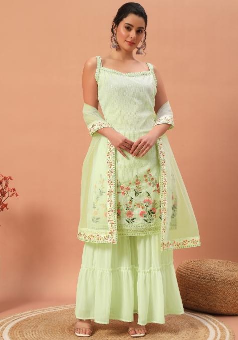 Pista Green Embroidered Georgette Shararra Set With Dupatta