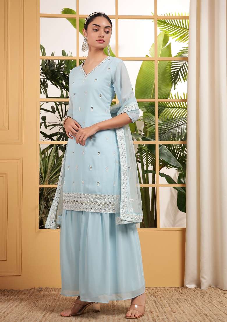 Sky Blue Embroidered Georgette Sharara Set - Indya
