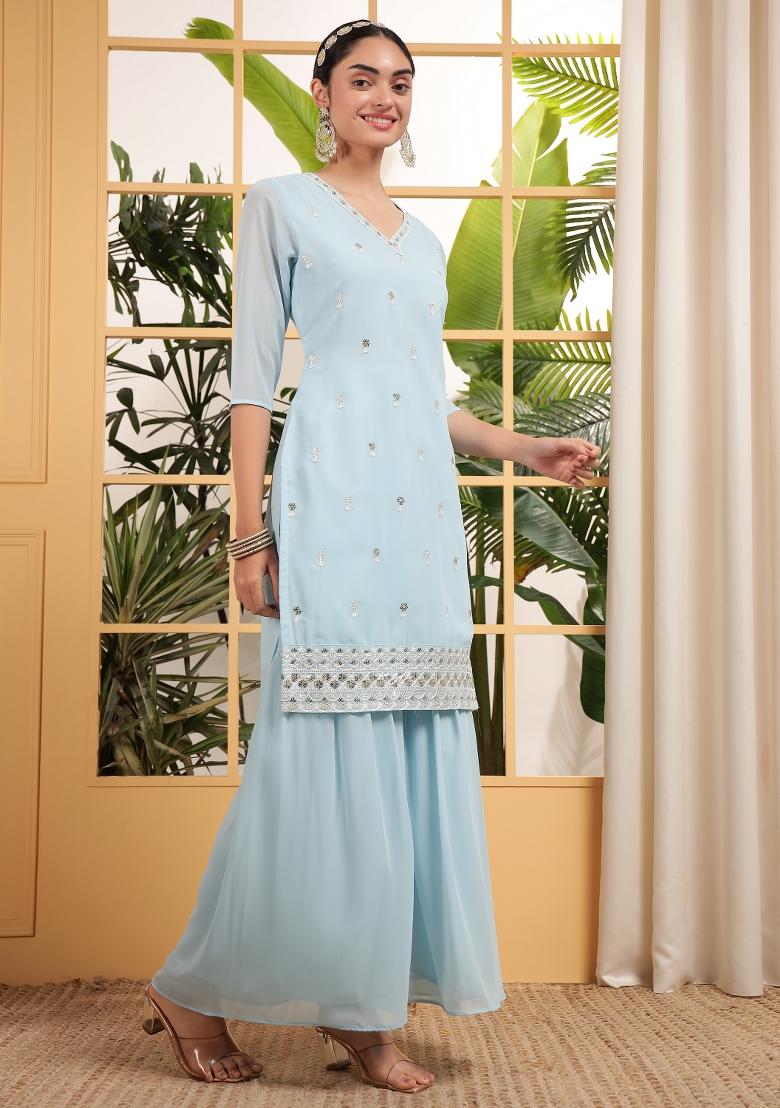 Sky Blue Embroidered Georgette Shararra Set With Dupatta