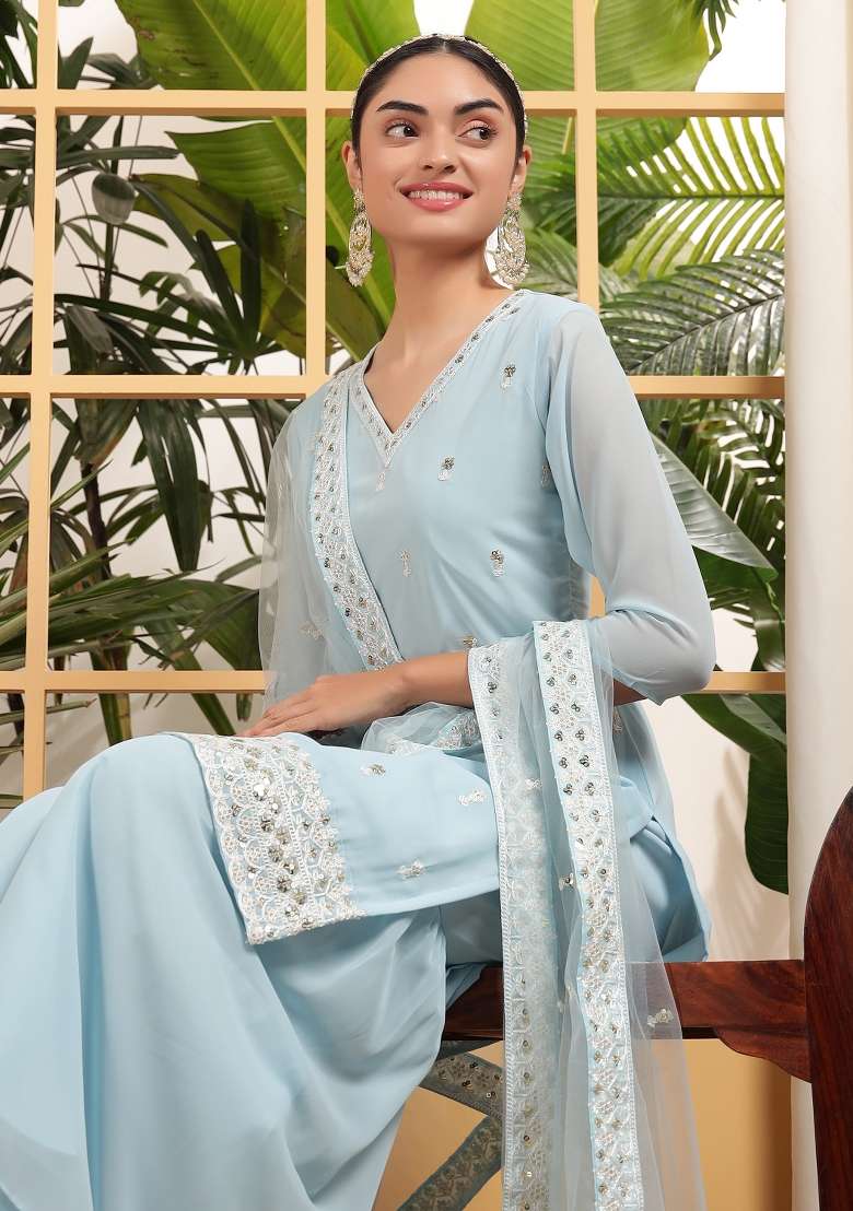 Sky Blue Embroidered Georgette Sharara Set - Indya