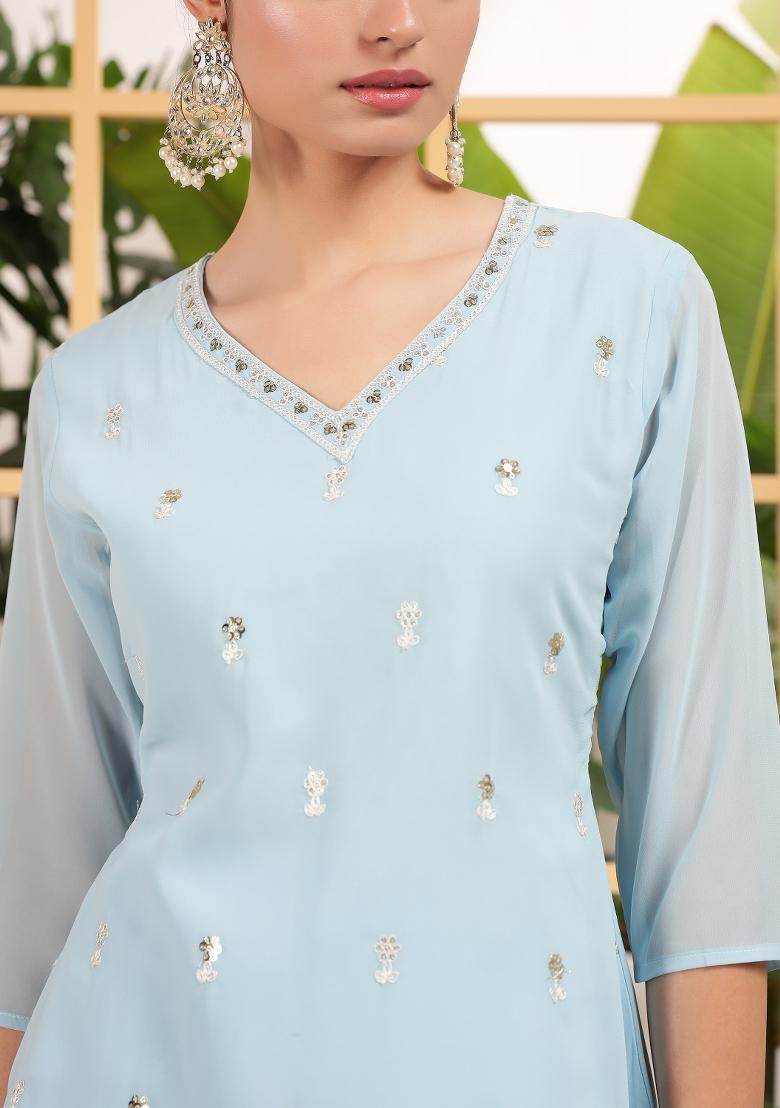 Sky Blue Embroidered Georgette Shararra Set With Dupatta