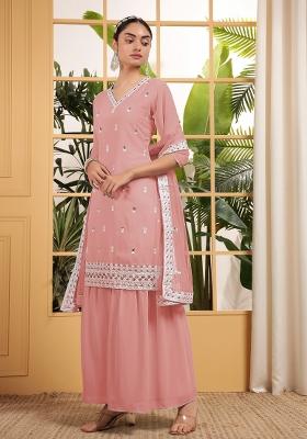 Peach Embroidered Georgette Shararra Set With Dupatta