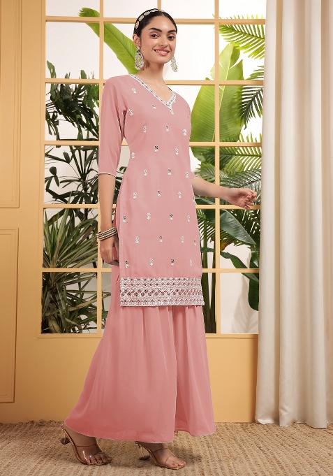 Peach Embroidered Georgette Shararra Set With Dupatta