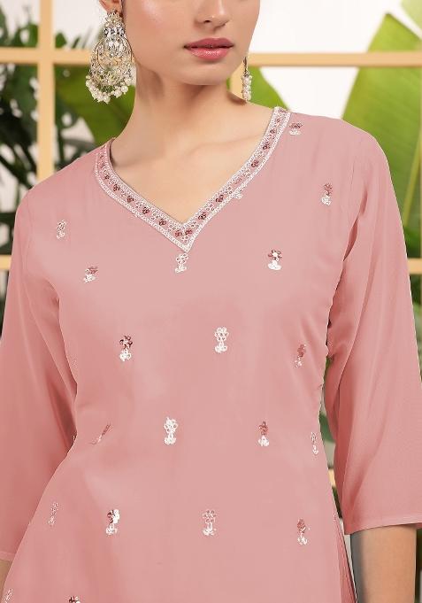 Peach Embroidered Georgette Shararra Set With Dupatta