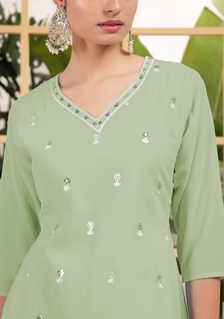 Pista Green Embroidered Georgette Shararra Set With Dupatta