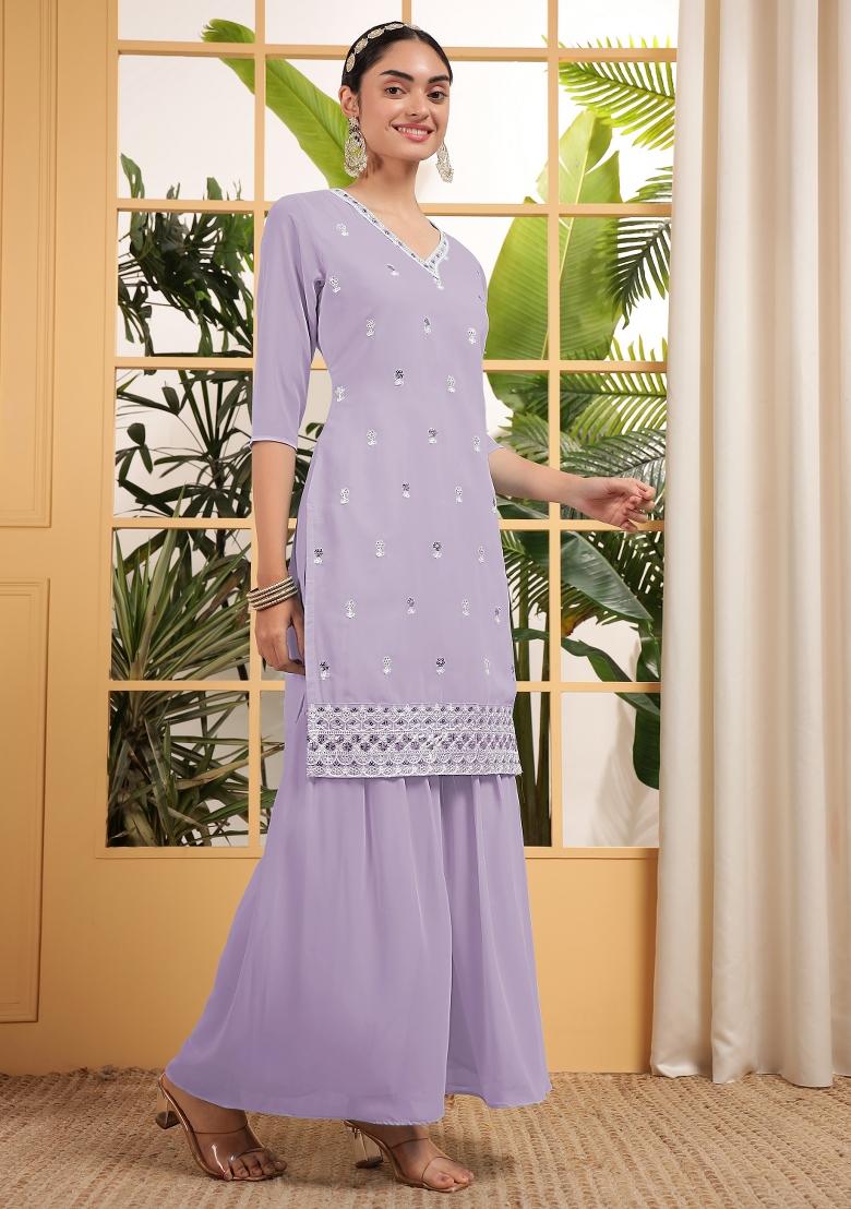 Lavender Embroidered Georgette Shararra Set With Dupatta