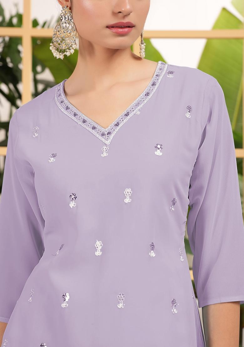 Lavender Embroidered Georgette Shararra Set With Dupatta