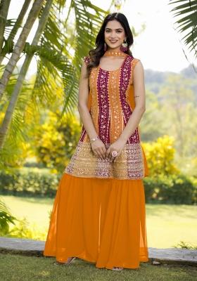Multi Embroidered Chinon Shararra Set With Dupatta