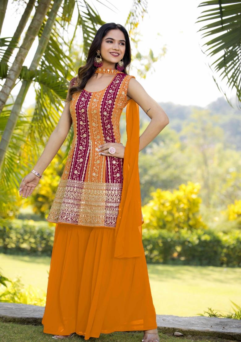 Multi Embroidered Chinon Shararra Set With Dupatta