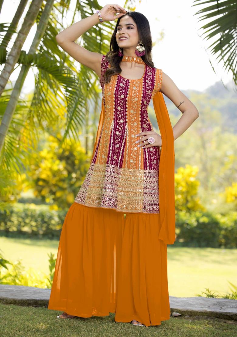 Multi Embroidered Chinon Shararra Set With Dupatta