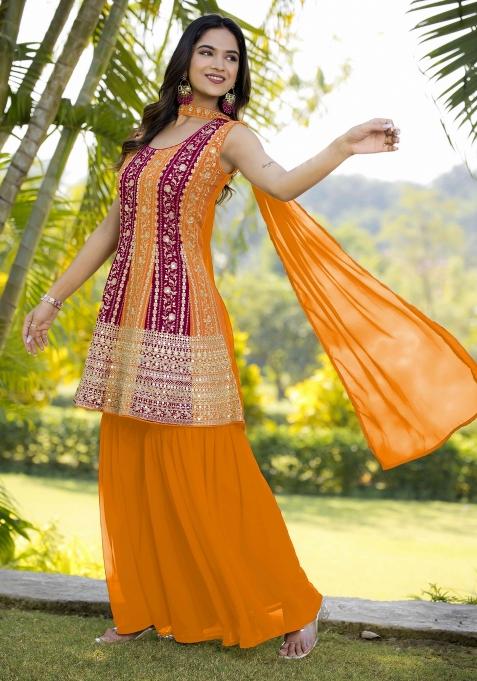 Multi Embroidered Chinon Shararra Set With Dupatta