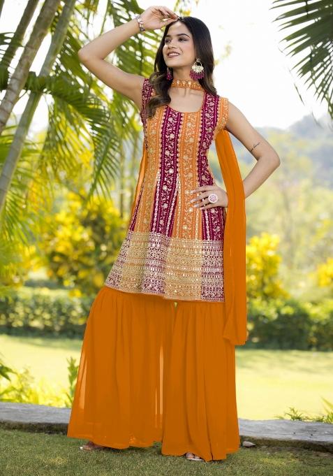Multi Embroidered Chinon Shararra Set With Dupatta