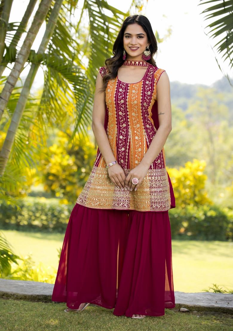 Multi Embroidered Chinon Shararra Set With Dupatta