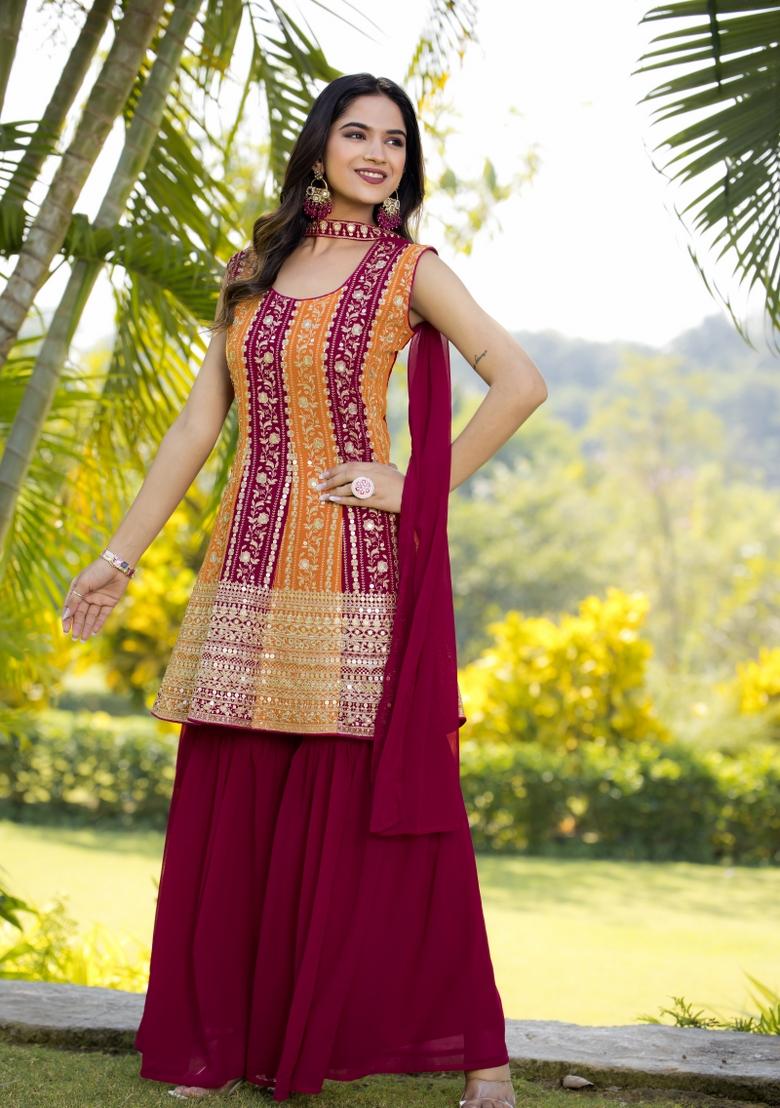 Multi Embroidered Chinon Shararra Set With Dupatta