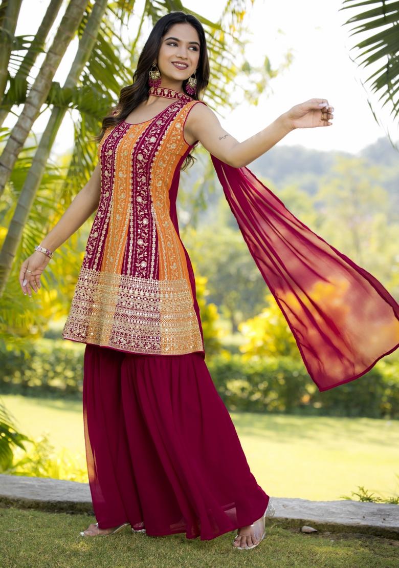 Multi Embroidered Chinon Shararra Set With Dupatta