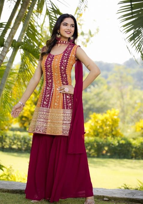Multi Embroidered Chinon Shararra Set With Dupatta