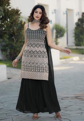 Black Embroidered Chinon Shararra Set With Dupatta