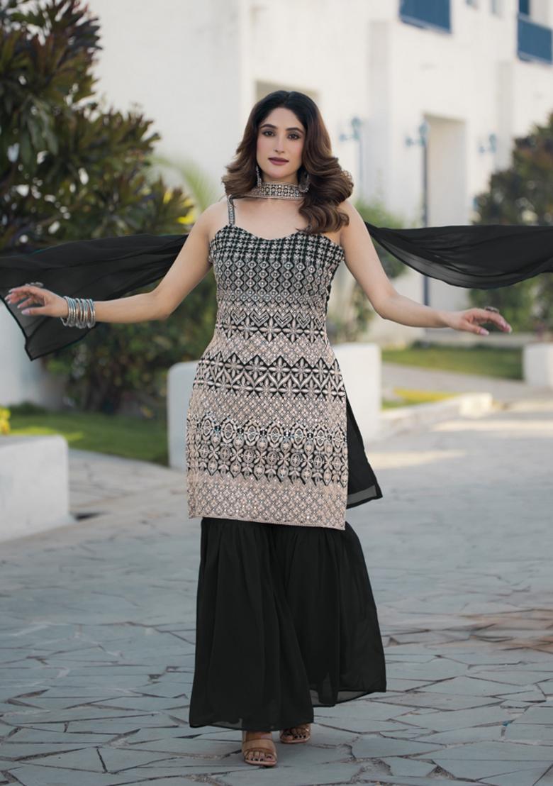 Black Embroidered Chinon Shararra Set With Dupatta