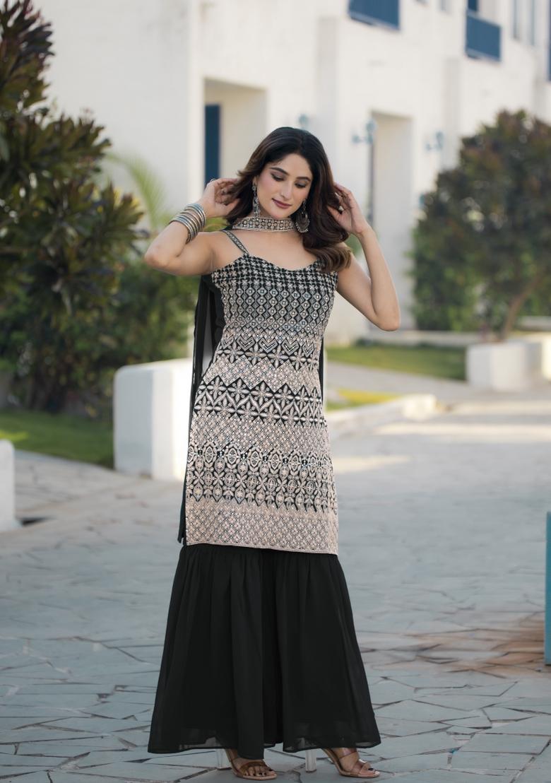 Black Embroidered Chinon Shararra Set With Dupatta