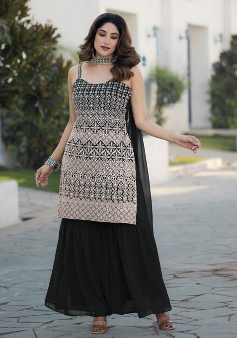 Black Embroidered Chinon Shararra Set With Dupatta