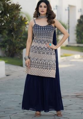 Navy Blue Embroidered Chinon Shararra Set With Dupatta