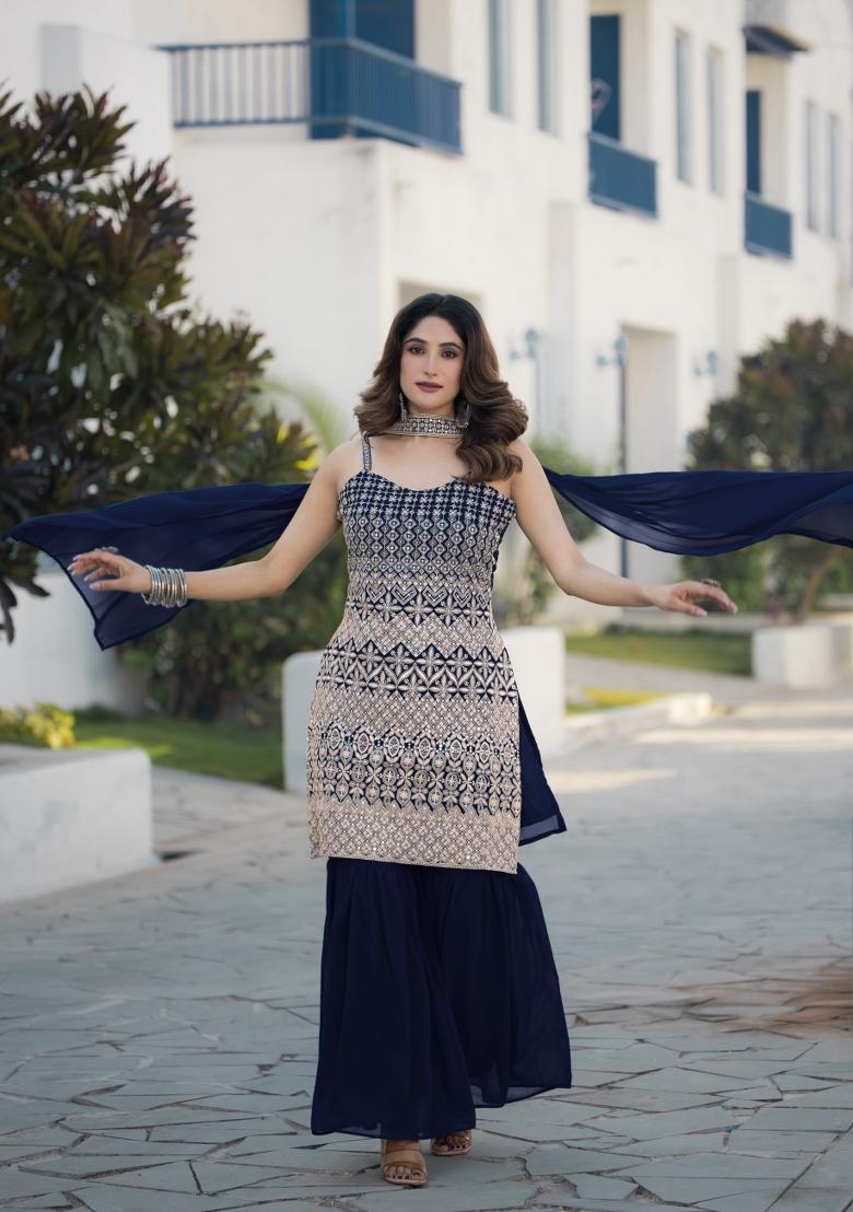 Navy Blue Embroidered Chinon Shararra Set With Dupatta