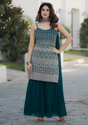 Teal Blue Embroidered Chinon Shararra Set With Dupatta
