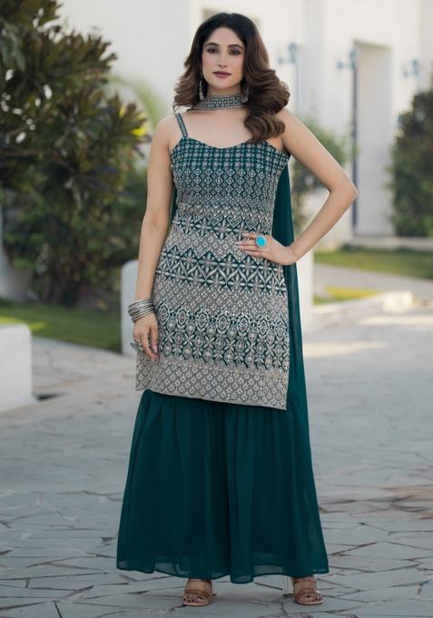 Teal Blue Embroidered Chinon Shararra Set With Dupatta