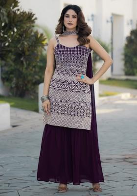 Wine Embroidered Chinon Shararra Set With Dupatta