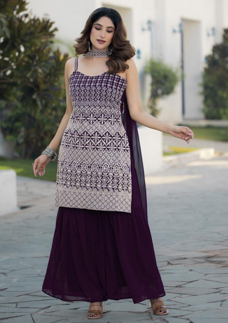 Wine Embroidered Chinon Shararra Set With Dupatta