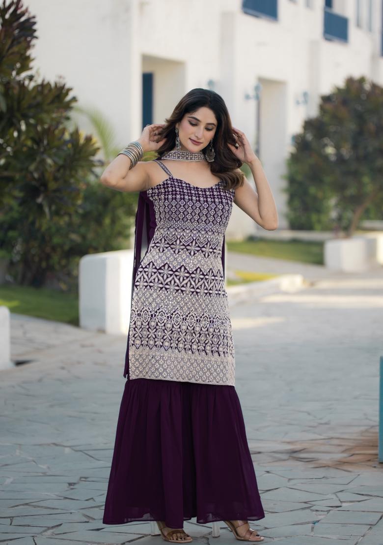 Wine Embroidered Chinon Shararra Set With Dupatta