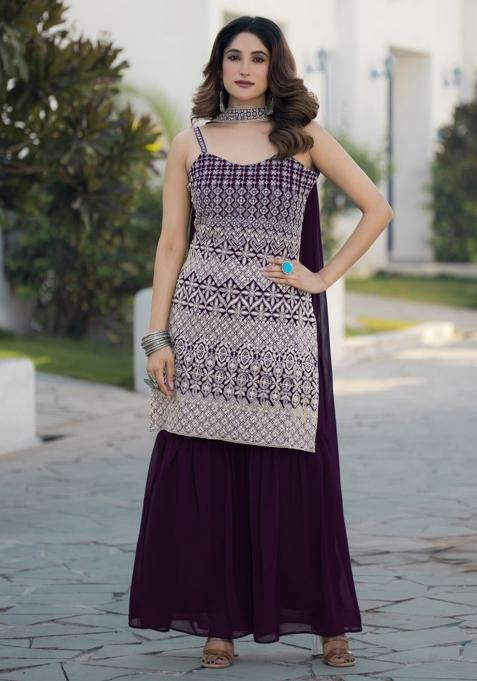 Wine Embroidered Chinon Shararra Set With Dupatta