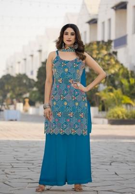 Sky Blue Embroidered Chinon Shararra Set With Dupatta