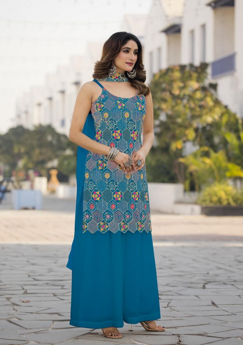 Sky Blue Embroidered Chinon Shararra Set With Dupatta