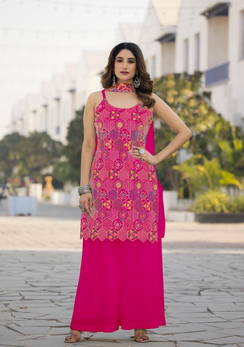 Magenta Embroidered Chinon Shararra Set With Dupatta