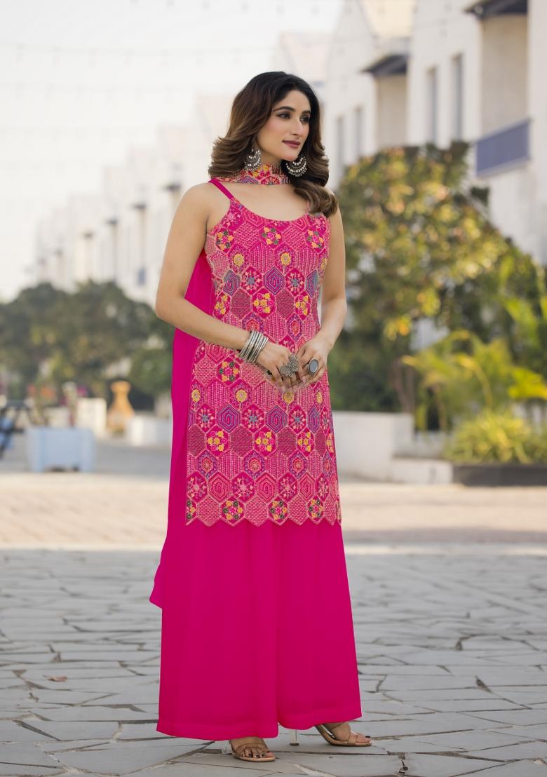 Magenta Embroidered Chinon Shararra Set With Dupatta