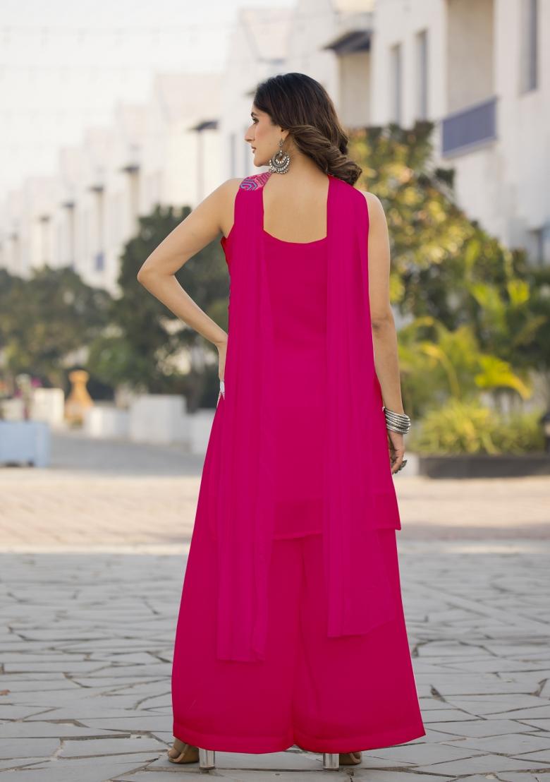 Magenta Embroidered Chinon Shararra Set With Dupatta