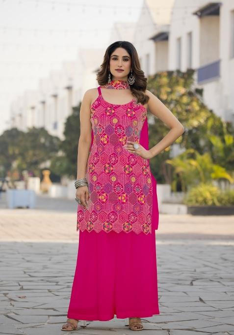 Magenta Embroidered Chinon Shararra Set With Dupatta
