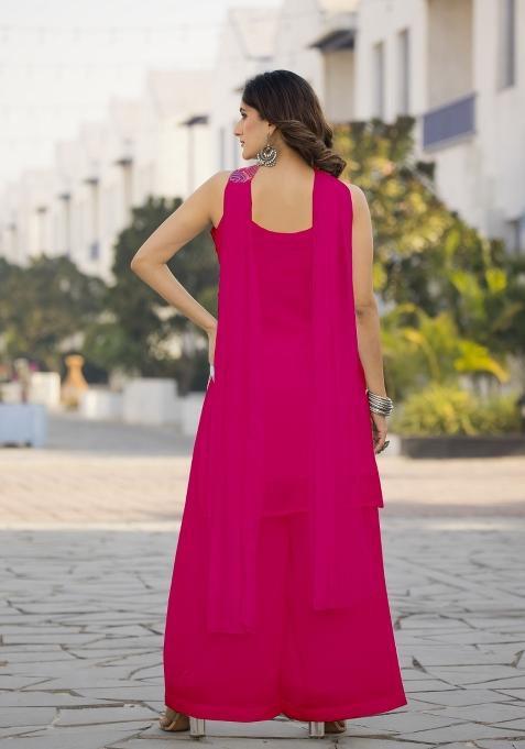 Magenta Embroidered Chinon Shararra Set With Dupatta