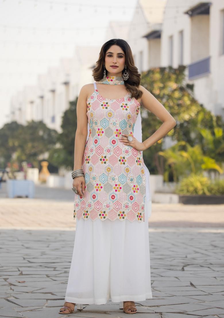 White Embroidered Chinon Shararra Set With Dupatta