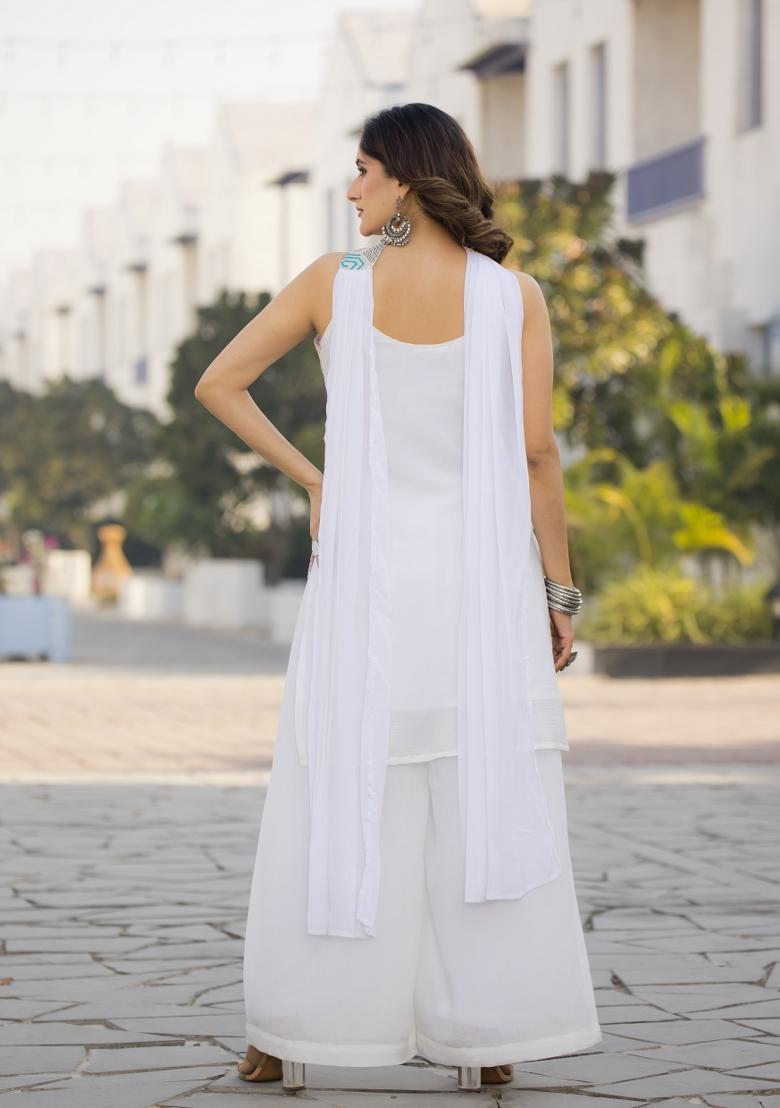 White Embroidered Chinon Shararra Set With Dupatta