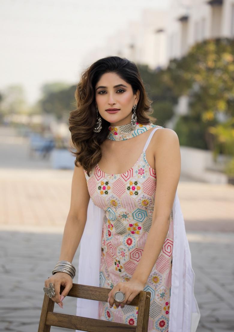 White Embroidered Chinon Shararra Set With Dupatta