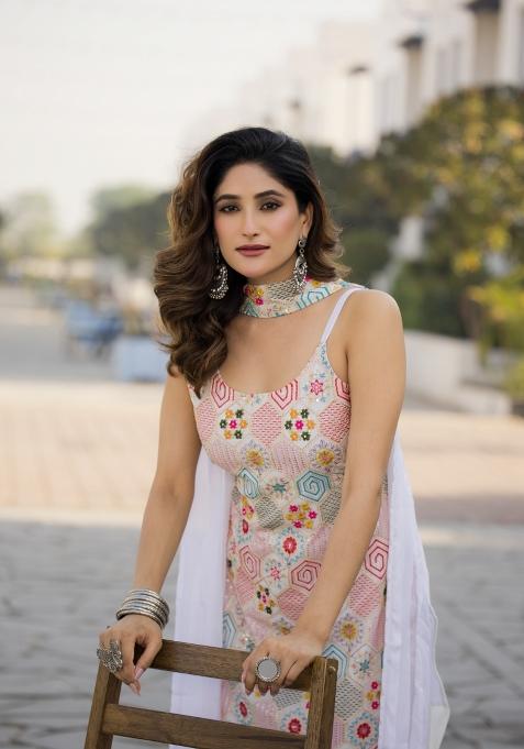 White Embroidered Chinon Shararra Set With Dupatta