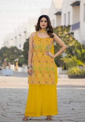 Yellow Embroidered Chinon Shararra Set With Dupatta