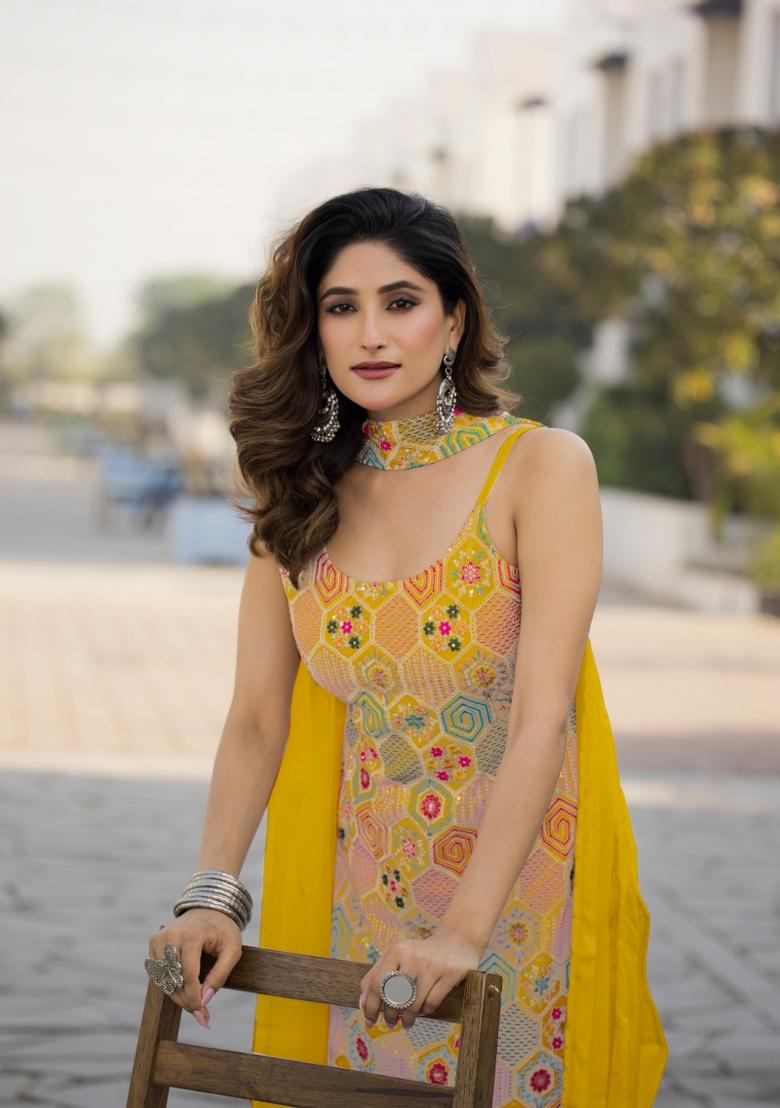 Yellow Embroidered Chinon Shararra Set With Dupatta