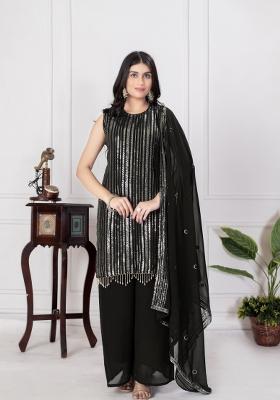 Black Embroidered Chinon Shararra Set With Dupatta