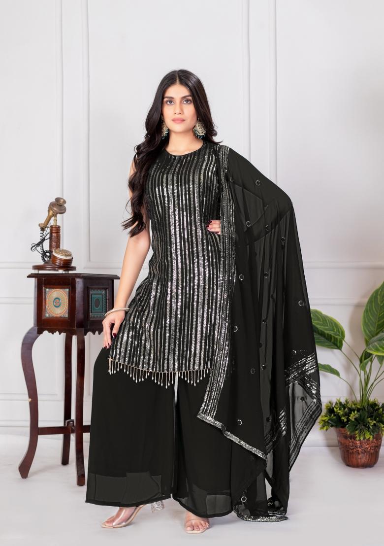Black Embroidered Chinon Shararra Set With Dupatta