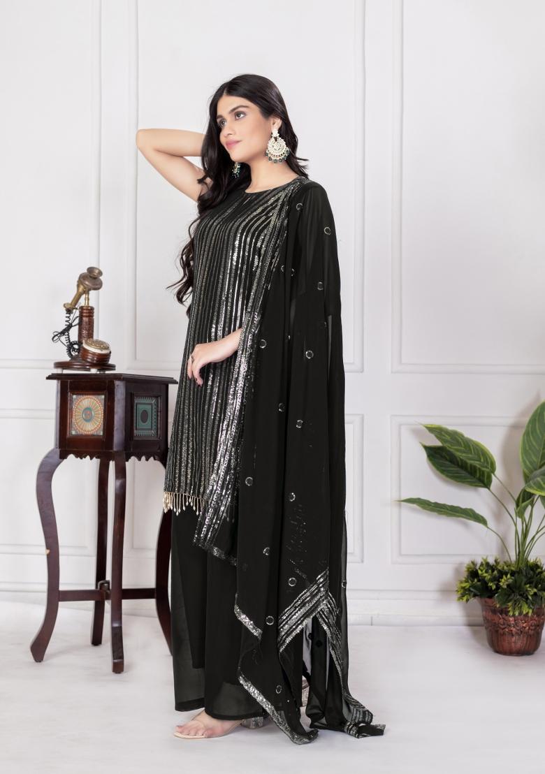 Black Embroidered Chinon Shararra Set With Dupatta