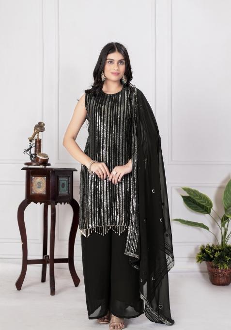 Black Embroidered Chinon Shararra Set With Dupatta
